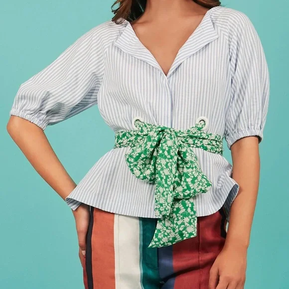 TANYA TAYLOR Blue Striped Blouse w Green Sash Women’s Top - Picture 2 of 14